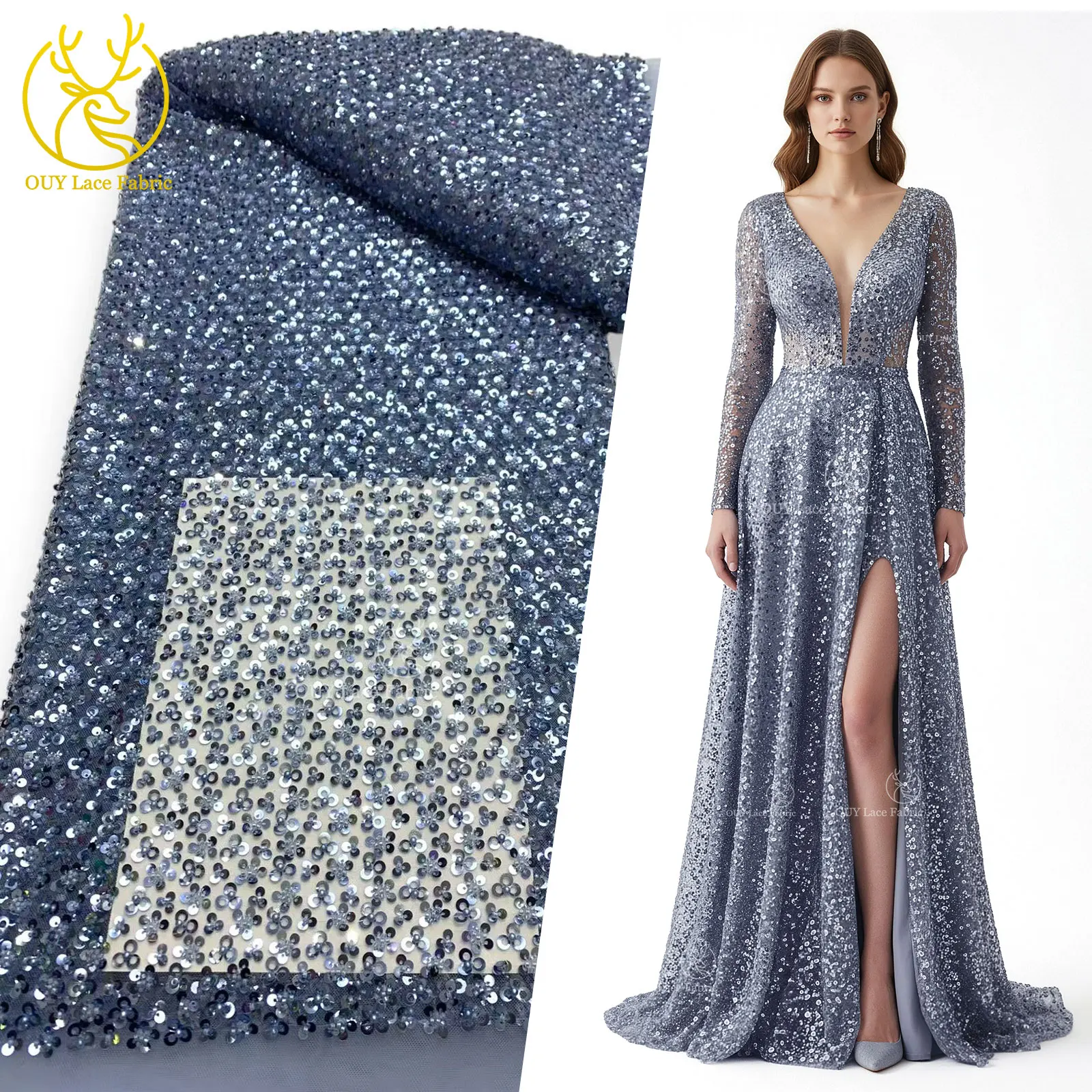 

High-Quality African Sequined Lace Fabric 2025 Nigerian French Tulle Beaded Embroidered Lace Suitable for Bridal Wedding Dresses