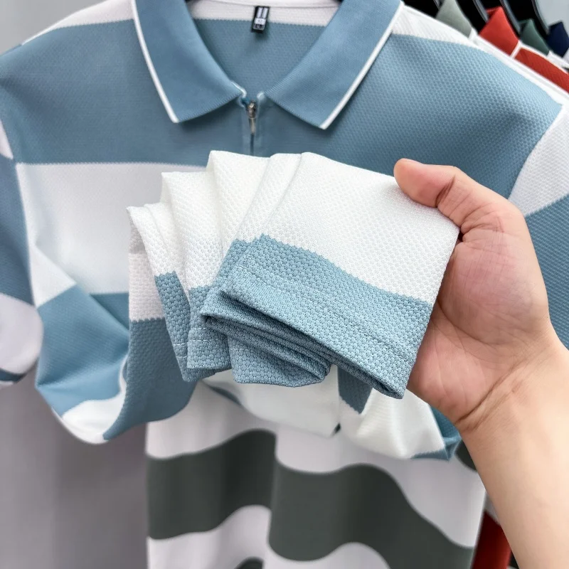 Modisches gestreiftes, farblich abgesetztes Kurzarm-Poloshirt für Herren High-End-Marke Pony-Stickerei Sommer, Golf, Freizeit, neues T-Shirt mit halbem Reißverschluss – Detail 25