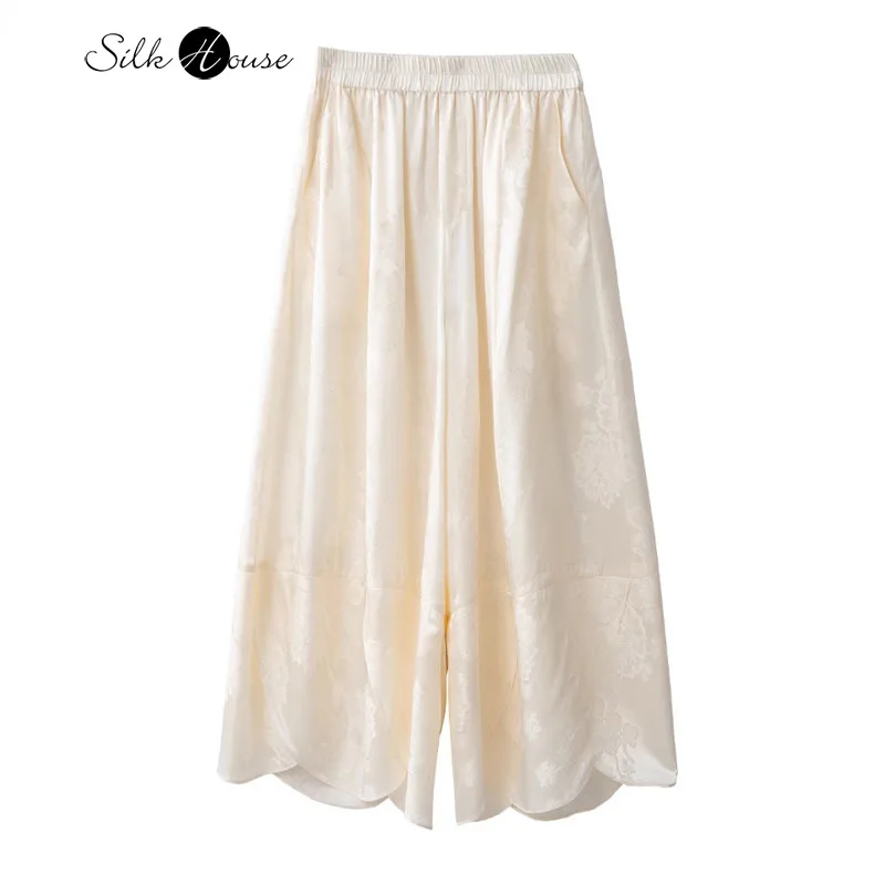 

2025 Women's Summer New 100% Natural Mulberry Silk Jacquard Satin Elastic Waist Comfortable Loose Straight Leg Pants