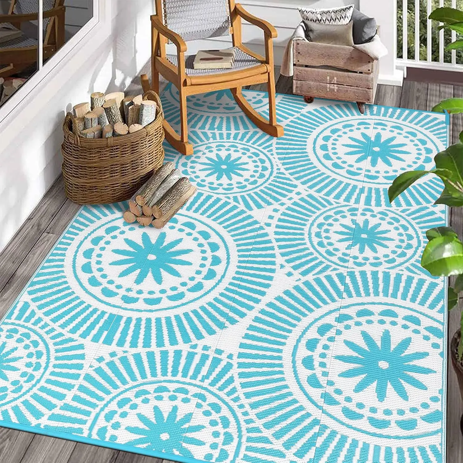 

Reversible Plastic Outdoor Rug Modern Geometric Style Straw Mat, Waterproof Patios Carpet 6x9ft Non Shedding Portable Decor A