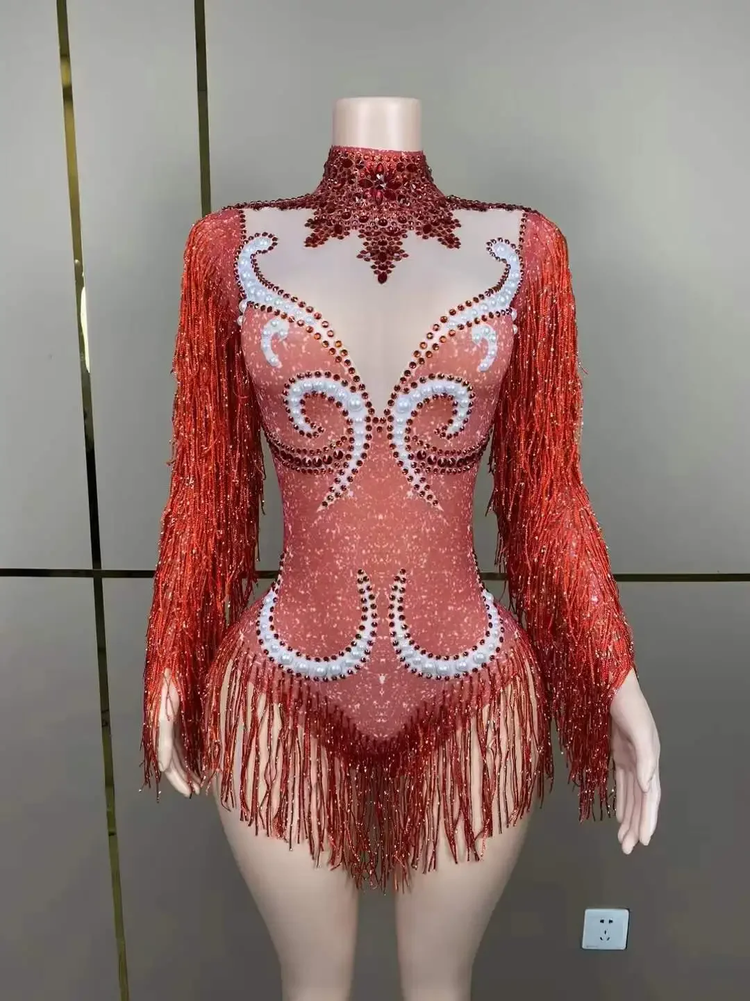 

Women Red Fringe DJ DS Latin Jazz Rhinestone Bodysuits Dancer Cheerleader Stage Photo Shoot Props Mardi Gras Wear 2025