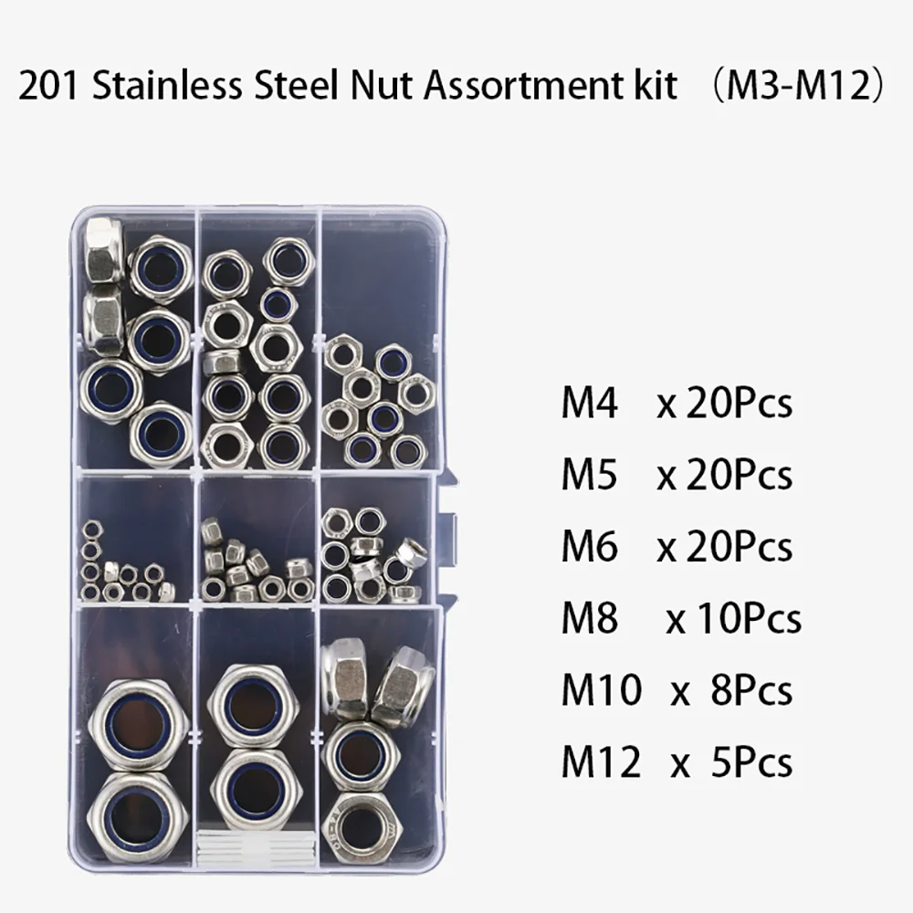M2-M16 201 316 304 스테인리스 스틸 육각 나일론 삽입 잠금 육각 너트 모음 키트, 자동 잠금 육각 너트