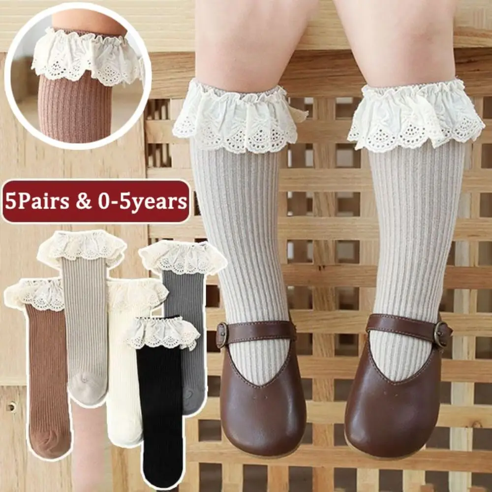 5Pairs Ruffled Edge Baby Calf Socks Baby Lace Trim Stripe Infant Cotton Stockings Long Tube Toddle Cartoon Above Knee Socks