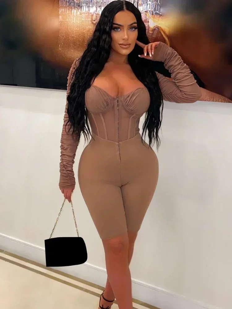 GUWU Ruched Corset Mesh Patchwork Romper Women Jumpsuits Long Sleeve Buckle Short Jumpsuits Workout Overalls Sexy Party Clubwear
