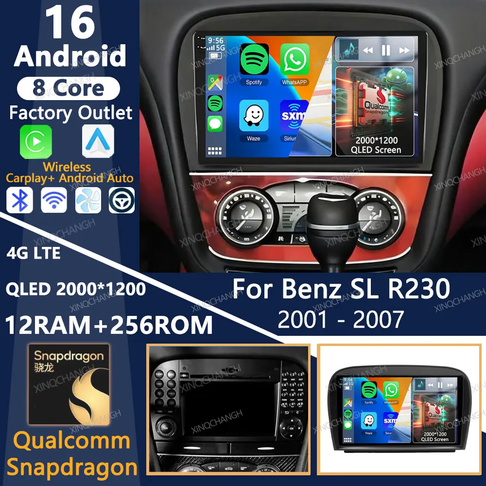 Android 16 Car Radio Carplay Auto For Mercedes Benz SL R230 SL350 SL500 SL55 SL600 SL65 2001 - 2007 Head Unit GPS 4G LTE 5G WIFI