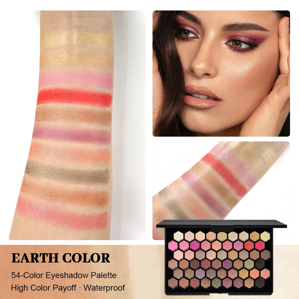 54-Color Eyeshadow Palette – Neutral Earth & Teal Green Color Block, Matte Shimmer, Honeycomb Grid Design, Highly Pigmented