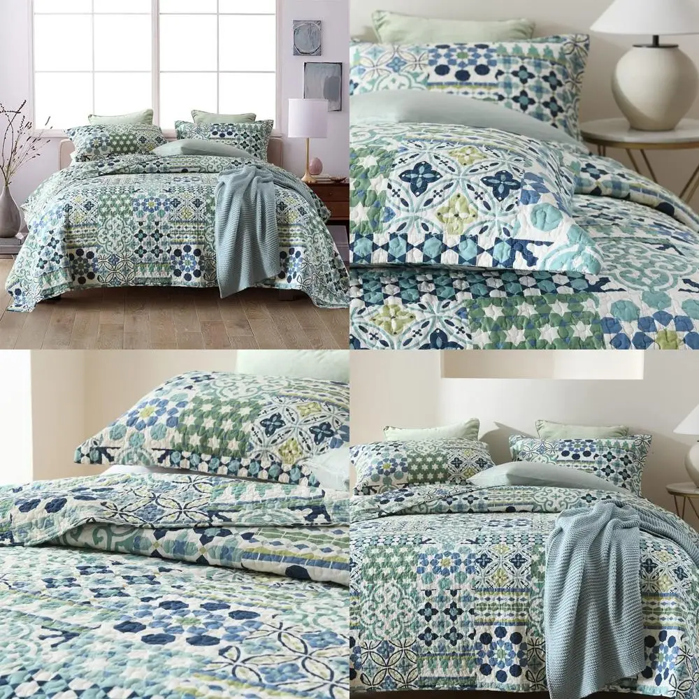 

Green Vintage Bohemian Patchwork Quilted Coverlet Set, King Size