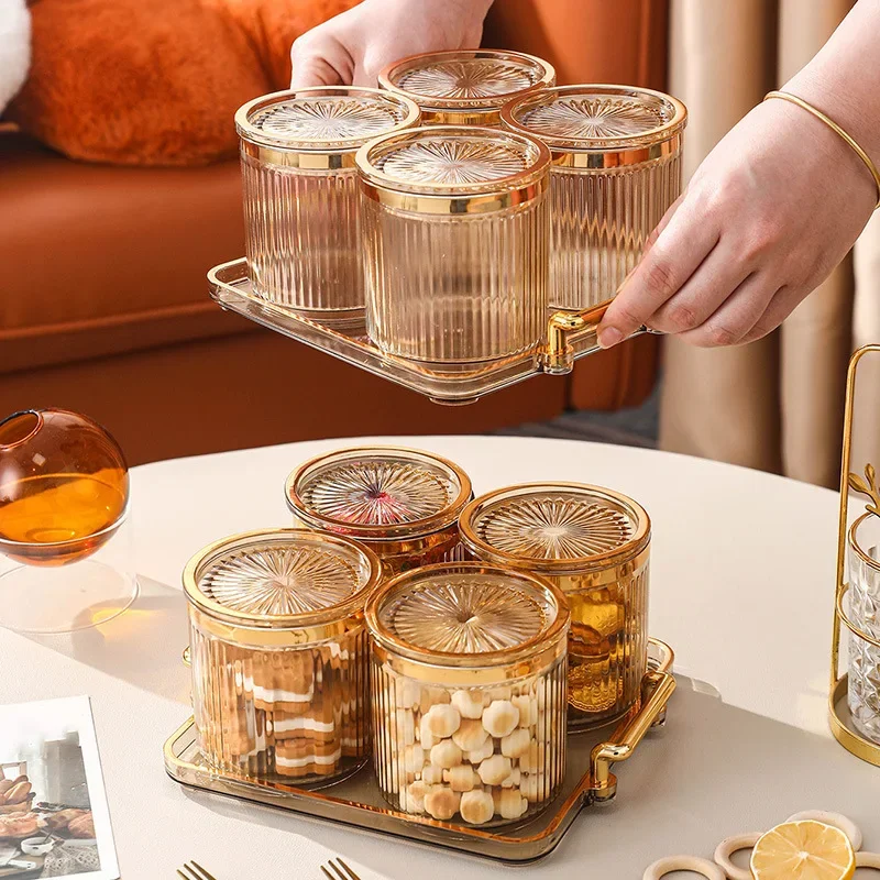 European Style Amber Striped Plastic Spice Jar Transparent Candy Biscuit Box with Lid Fruit Plate Set Kitchen Food Salt Jar Box