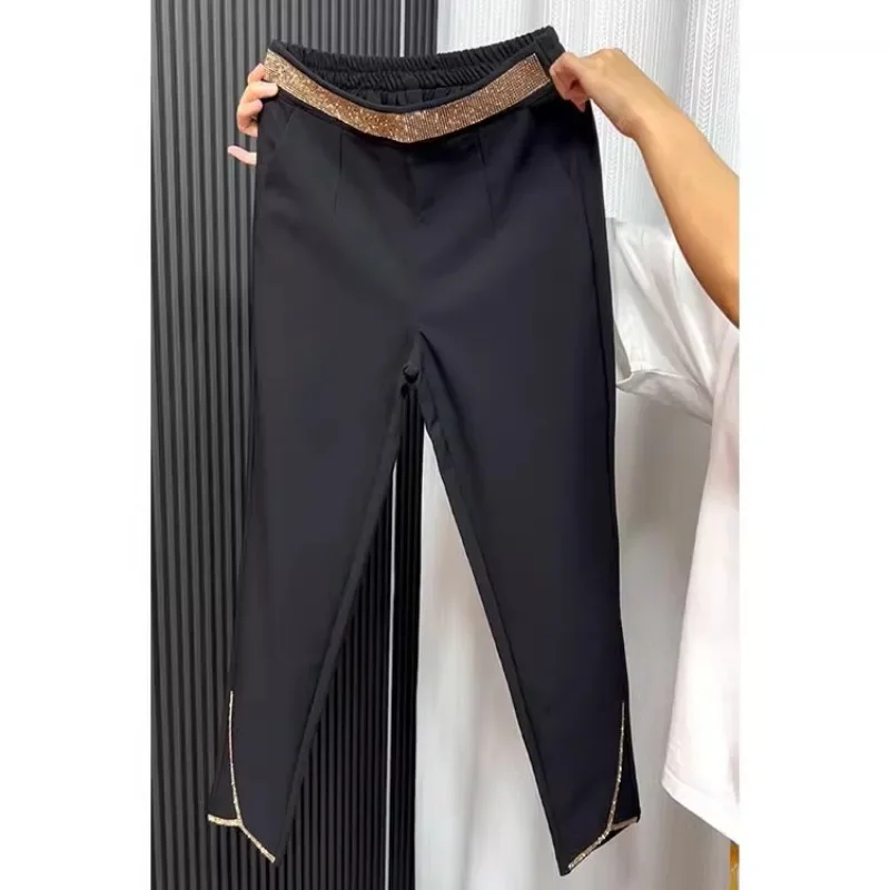 Black Bright Diamond Stitching Casual Pants Fall/Winter New Loose Stretch High Waist Skinny Slim Plus Size Harlan Pants Women