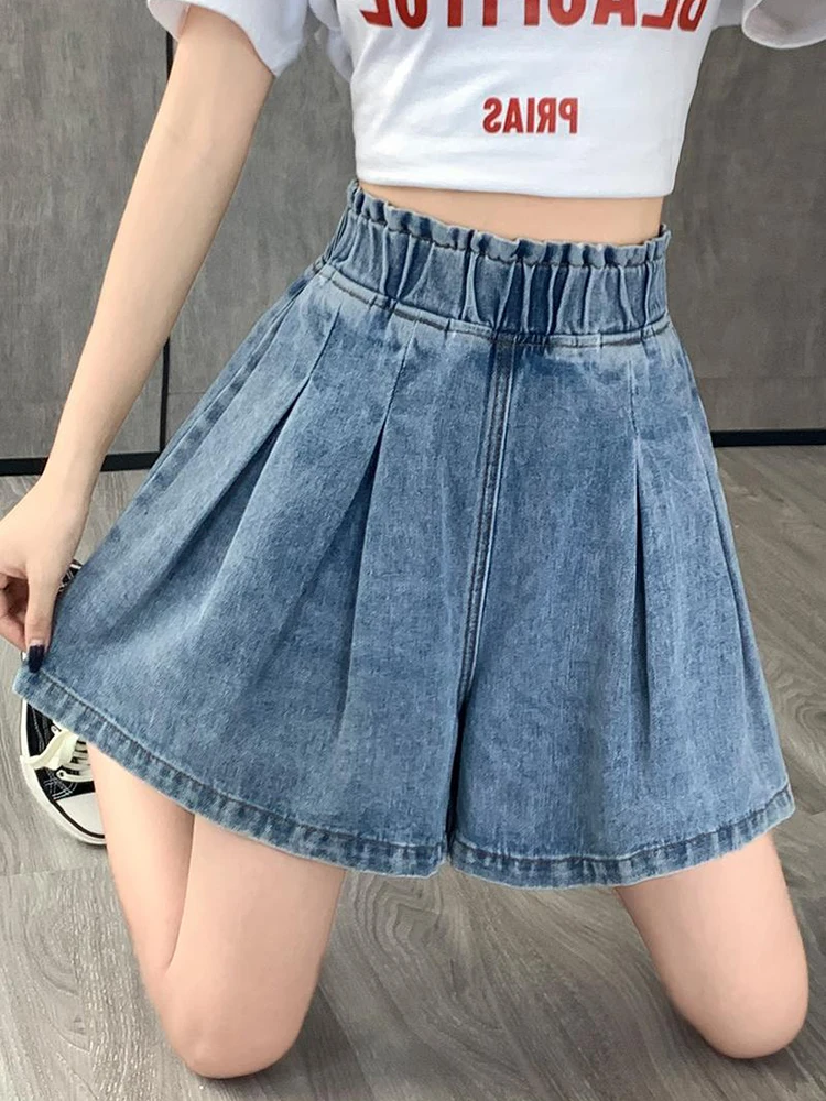 Casual Streetwear Oversized Denim Shorts Dames M-5XL 6xl Grote Maat Korte Femme Elastische Taille Wijde Spijkerbroek Met Wijde Pijpen