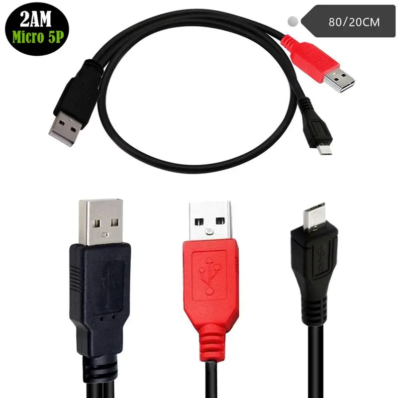 1/2 USB 2.0 Micro 5Pin Male to Dual USB A Male Y-shaped Portable Hard Drive Data Connection Cable With Power Supply 2AM/Micro 5P