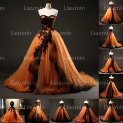 Orange Tulle And Black Strapless Evening Dress Prom Gowns A Line Full Length Formal Brithday Party Clothing Lace Up Back A2-7