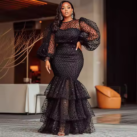 Plus Size Formal Round Neck Lantern Sleeve Long Sleeve Mermaid Vintage See Through Tulle Maxi Dress Banquet Evening Women Dress