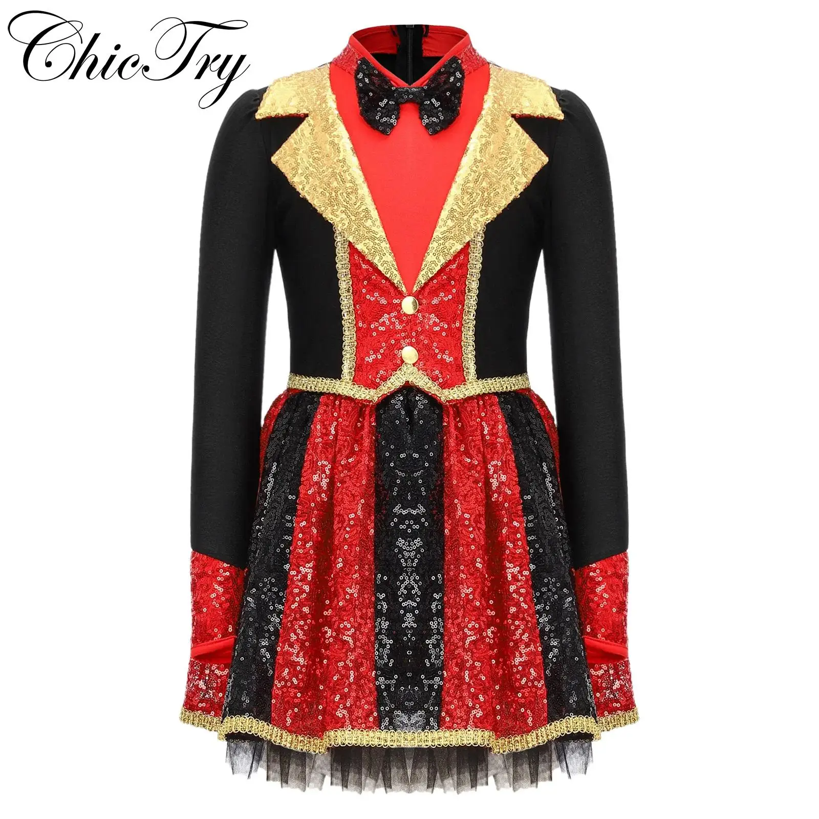 

Kids Girls Circus Ringmaster Costume Halloween Cosplay Leotard Dress Sequins Long Sleeve Bow Tie Back Puffy Carnival Dress Up