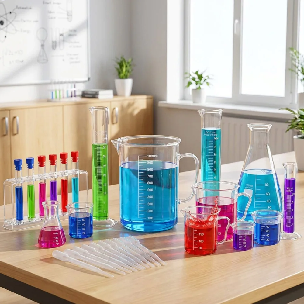 28-Piece Set of Experimental Plastic Laboratory Utensils, Transparent Graduated Measuring Cups, Measuring Cylinders, Conical Flasks, Test Tubes and Test Tube Racks, Plastic Pipettes, Laboratory Proportioning Containers and Tool Set