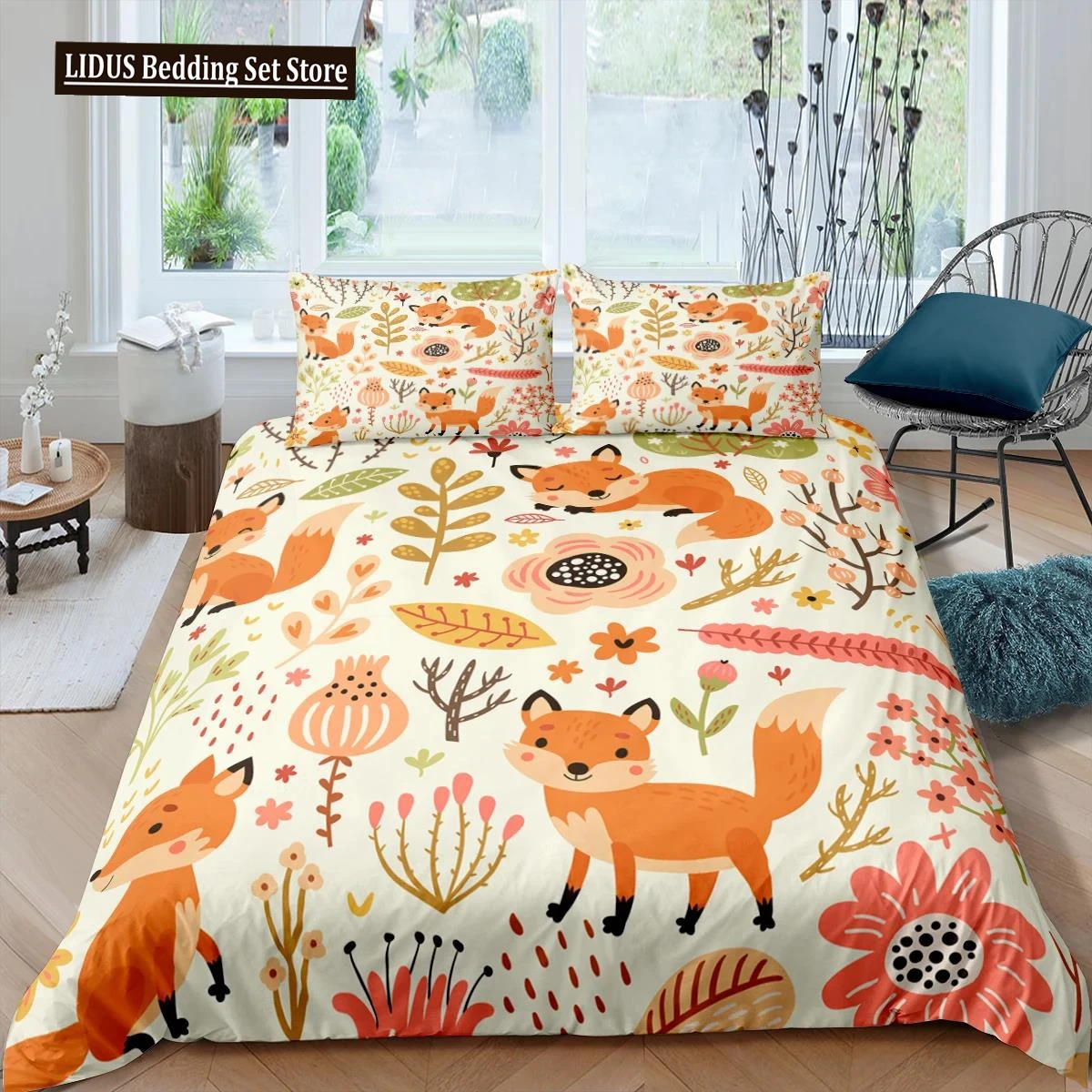 

Cartoon Fox King Queen Duvet Cover Lovely Orange Animal Floral Bedding Set Kids Girls Flowers Plant 2/3pcs Polyester Quilt Cover