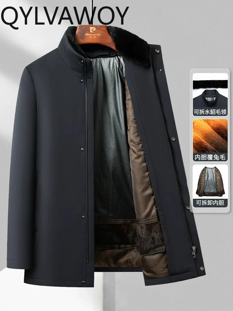 QYLVAWOY Warm Real Fur Parkas Men Clothing Autumn Winter 2026 Mid-length Detachable Rabbit Fur Liner Jacket Mink Fur Collar New