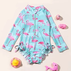 Girls Long Sleeve Flamingo Swimwear Summer Beach Bathing Suit One Piece Swimsuit Swimming Costumes for Children