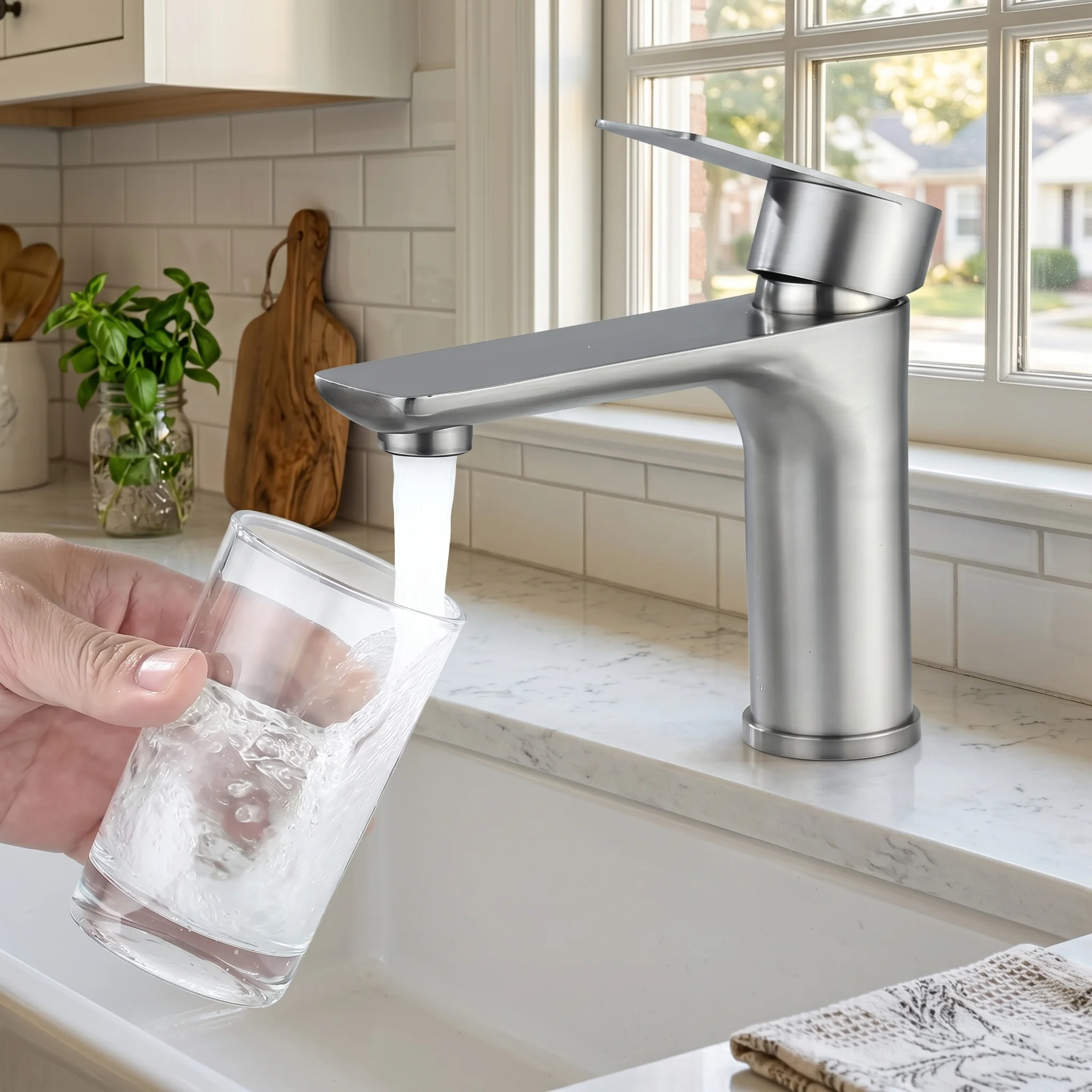 Grifo de lavabo de baño, grifo de agua fría de acero inoxidable, grifo de lavabo de cocina de una sola palanca, grifo de lavabo