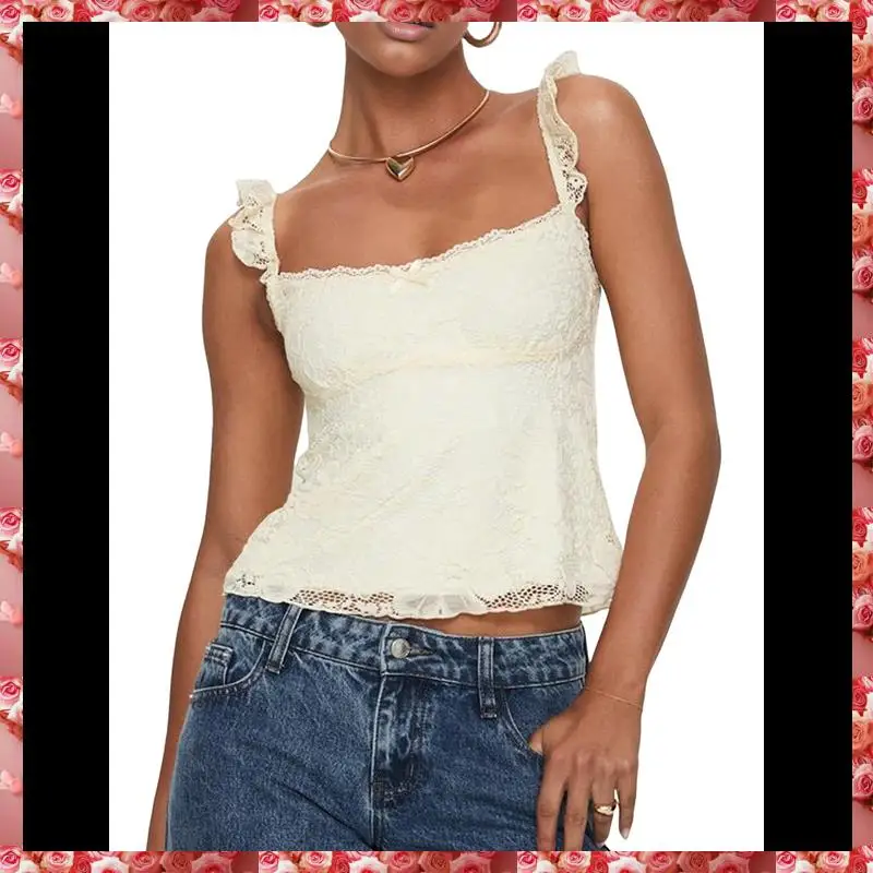 المرأة الدانتيل بيبي دول تانك الأعلى كاب الأكمام انظر من خلال Y2k الصيف الخروج المحاصيل القمم
