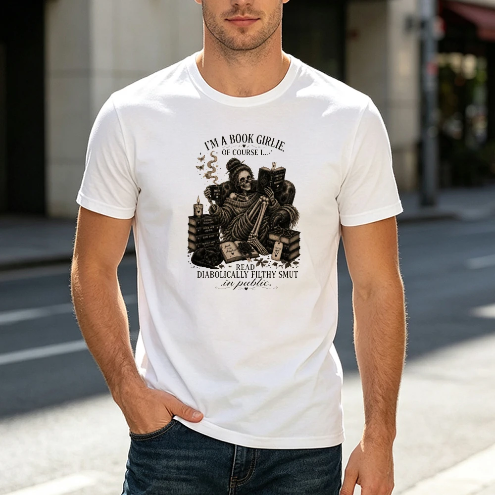 I'm A Book Girlie Skeleton Men White T Shirt Dark Humor Bookworm Literature Lover Summer Aesthetic Graphic Tees