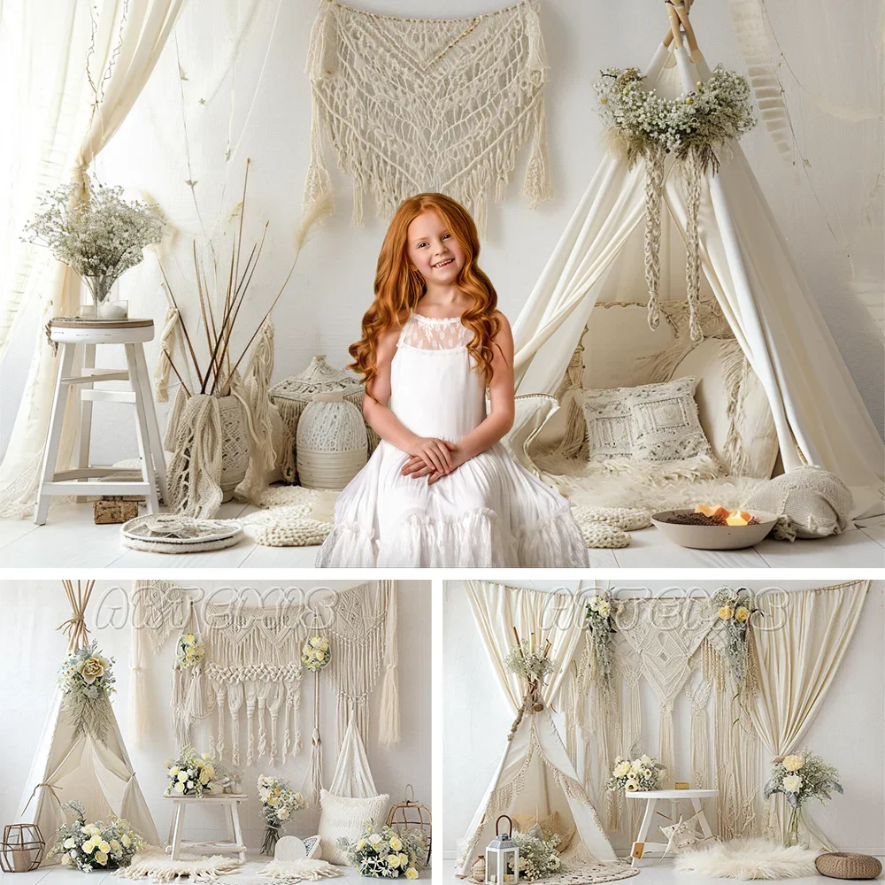 Spring Photography Backdrop Bohemian Teepee Props Tapestries Crocheted Rustic Pampas Birthday Portrait Background Photo Studio