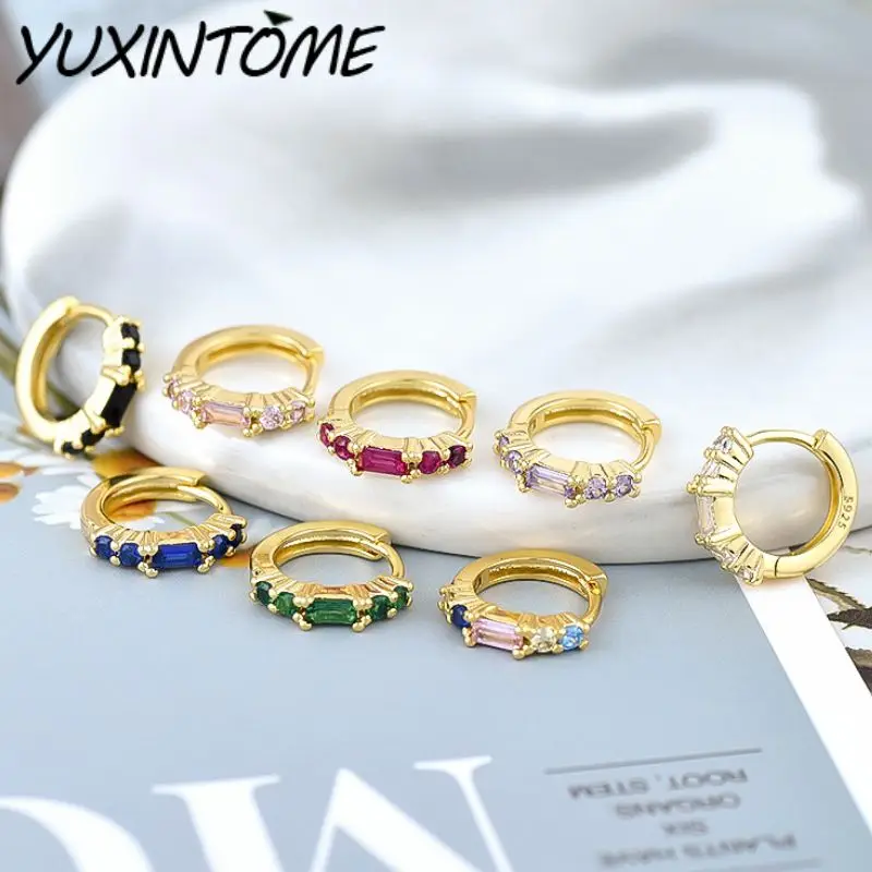 

925 Sterling Silver Ear Needle Fashionable Casual Half-full Round Rectangular Zircon Earrings Simple Versatile Jewelry Gifts