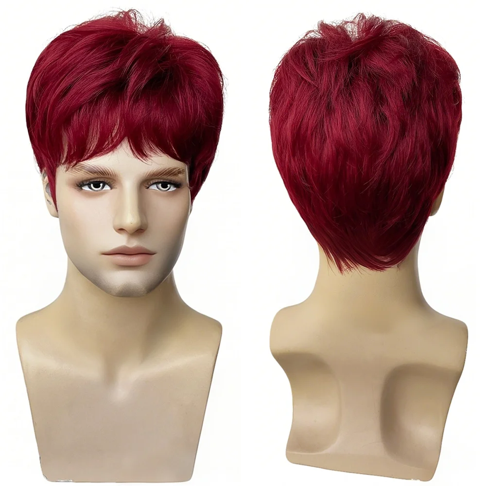 Burgundy Short Mens Wig Natural Looking Fluffy Layered Heat Resistant Synthetic Hair For Daily Wear Cosplay Party Halloween