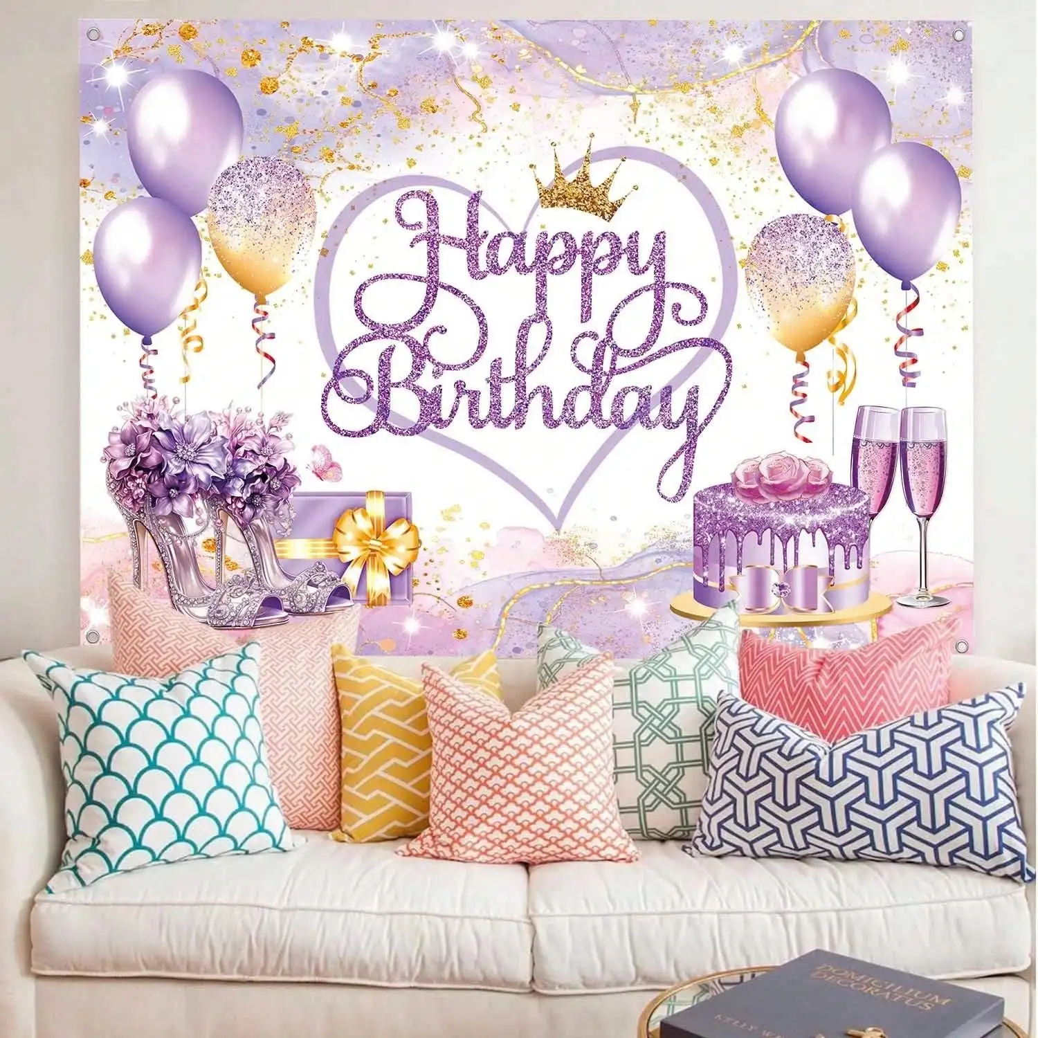 Happy Birthday Tapestry - Purple Gold Party Backdrop Wall Hanging, Balloon Cake Decor, Photo Booth Background, Multiple Sizes