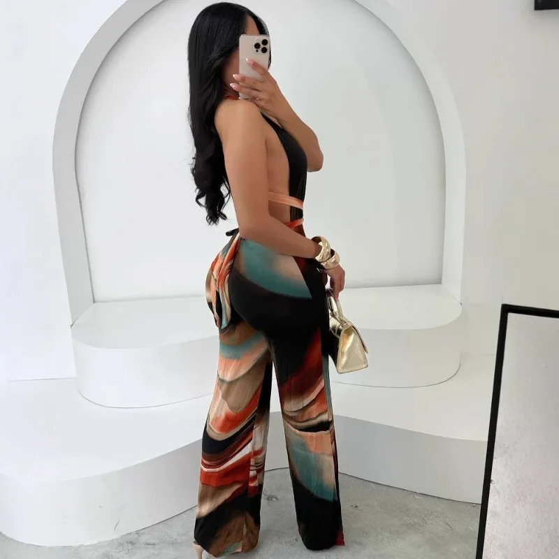 KEXU Fashion Women Sleeveless Tie Dye Print Halter Wide Leg Jumpsuits 2025 Backless Belt Sexy Party Playsuit One Piece Romper