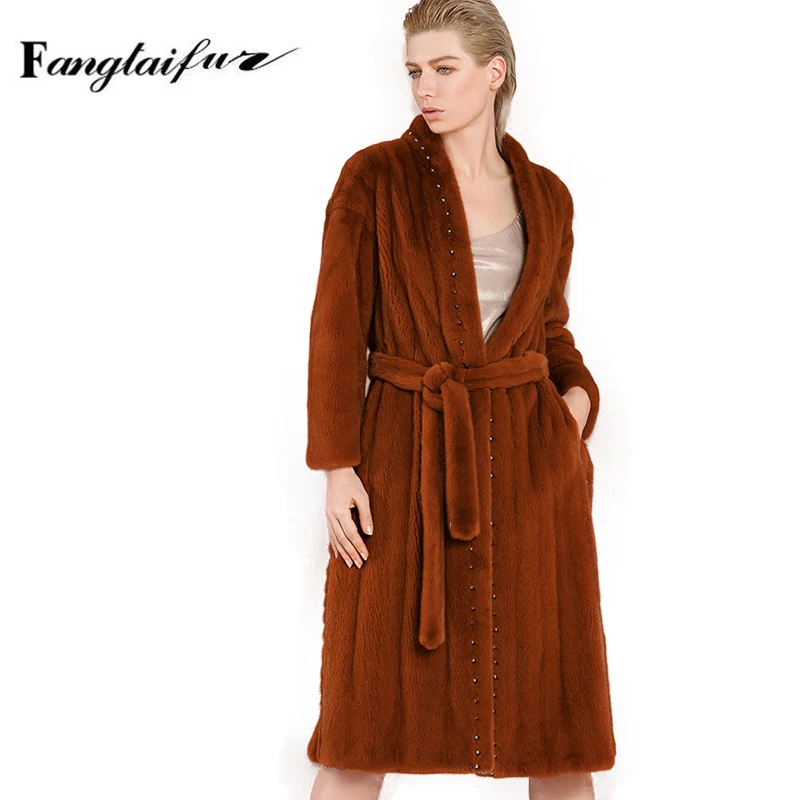 Ftangaiur New Winter Import Velvet Mink Fur Coat Long Sleeve With Sashes Women V-Neck Pure Color X-Long Natural Mink Fur Coats
