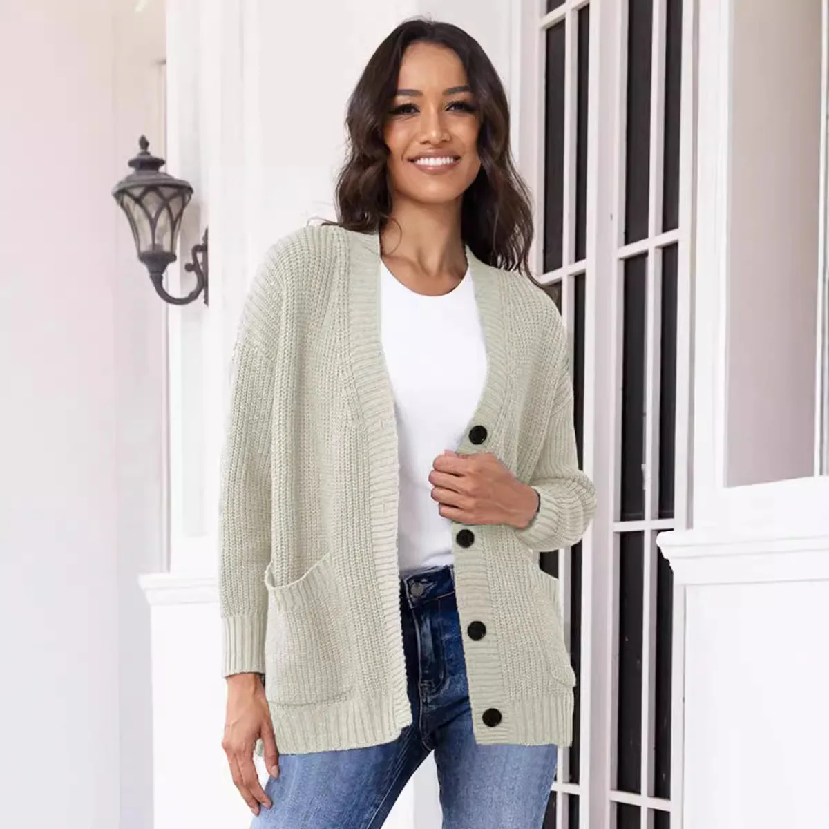 Losgebreide trui V-Ne Pure Color dames herfst-wintervest met ket Long Sve Faion damestop