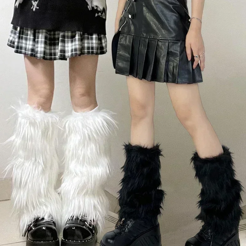 Jambières vintage en fausse fourrure Harajuku pour filles, couvre-bottes en fourrure épaissie, chaussettes chaudes, accessoires de cosplay Jk Punk Hip Hop, hiver, Y2K