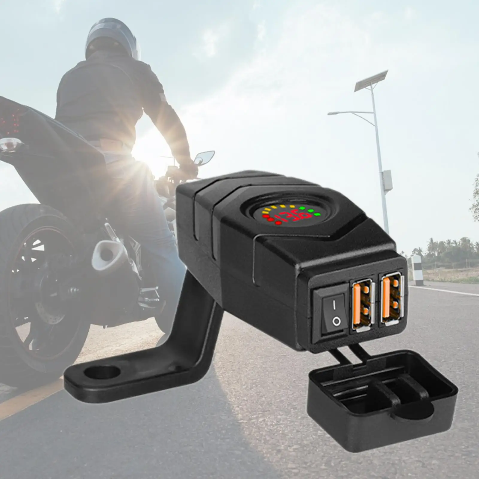 Motorcycle USB Power Charger Double Adapter Waterproof Dustproof 36W Fast Charge LED Voltmeter Switch Compatible with Phones