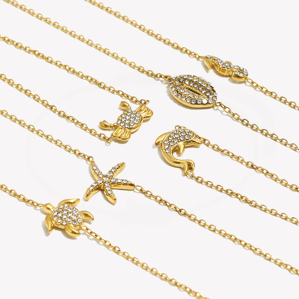 E.B.belle Pointed Rhinestone Marine Creatures Seahorse Shells Starfish Ddolphin Turtle Crab Bracelet Simple Women's Jewelry