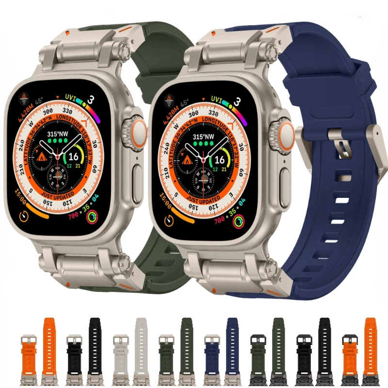 

Rubber+Metal Strap For Apple Watch Ultra/2 49mm 10 9 8 7 46mm 45mm Luxury Modification Kit Belt For iWatch 6 5 4 3 SE 44mm 42mm