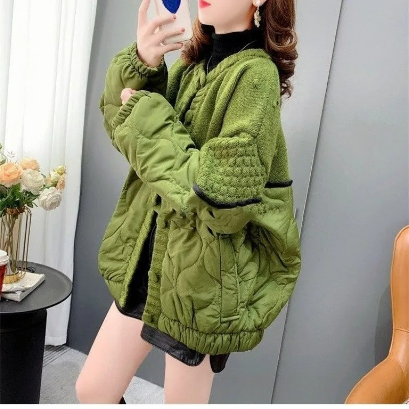 

Large Size Fat Mm200 Pounds Patchwork Cotton Coat Cardigan Sweater New Autumn and Winter Loose Knit Shirt Comfortable Brief