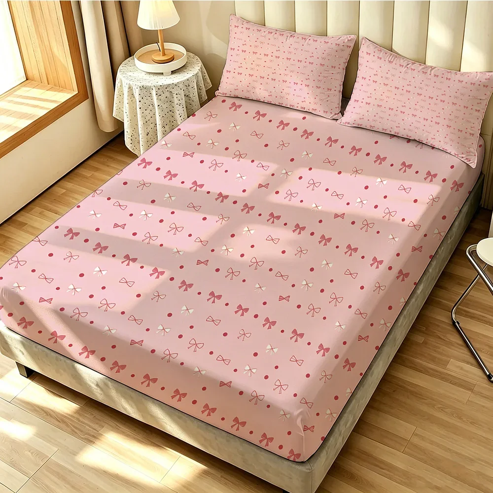 3PCS Pink Sweet Bow Polka Dot Fitted Sheet Set Soft Bedroom Bedding Decoration No Core