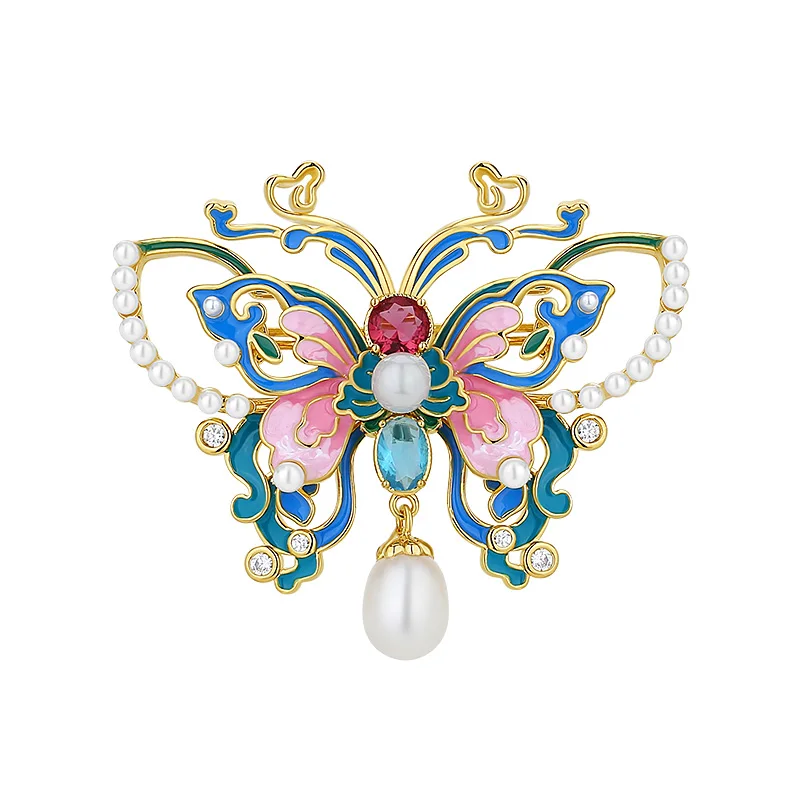 Chinese Style Multicolour Butterfly Pearl Brooches Sweet Insect Pins Jewelry for Women Ladies Clothing Accessories Gifts