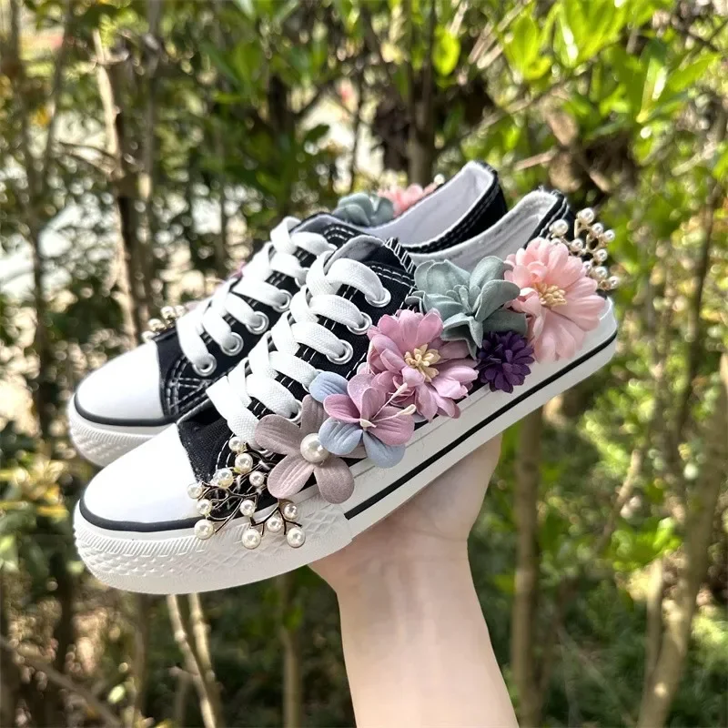 AJGS Spring Summer Canvas Shoes 2024 Spring Parent-child 3D Flower Girls Canvas Shoes Women Sneakers Lady Casual Shoes Single