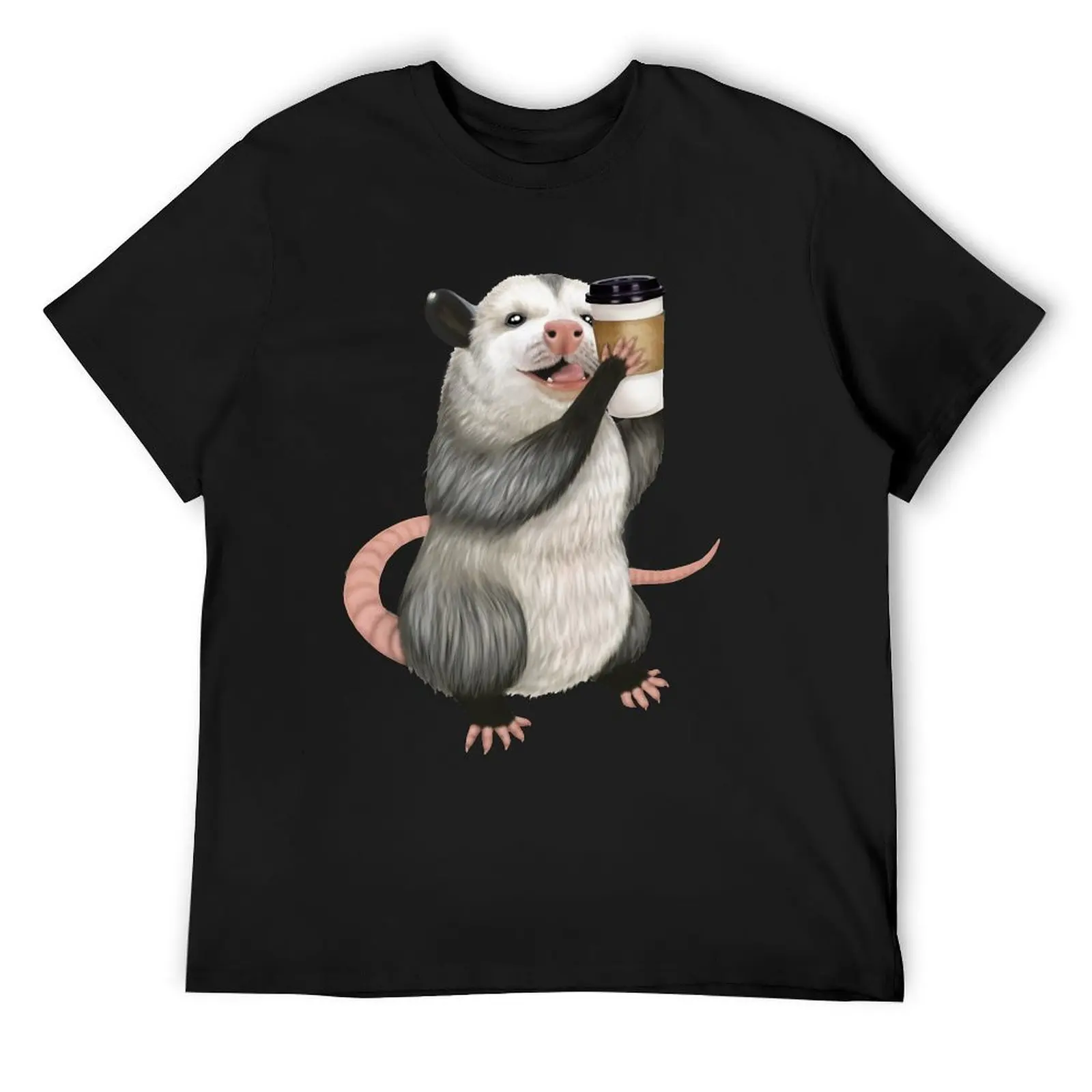 Opossum drinking a cup of coffee T-Shirt plus size clothes vintage t shirts men clothing