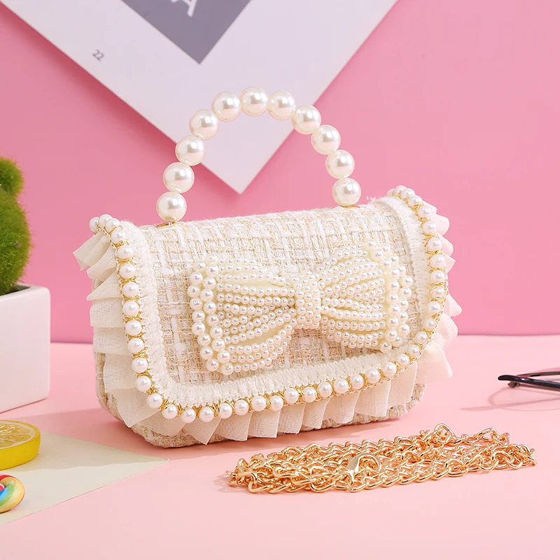 Mini pochette en dentelle pour enfants, sacs à bandoulière pour filles, nœud de perle, porte-monnaie mignon, sac à main Kawaii, sac à main de fête pour bébé, cadeau