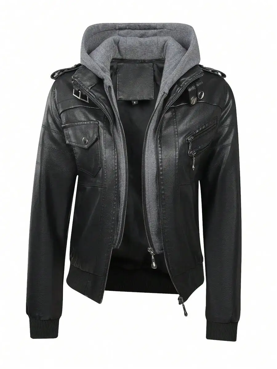 

Women's Black Faux Leather Hooded Jacket with Zipper Closure and Shoulder Tabs