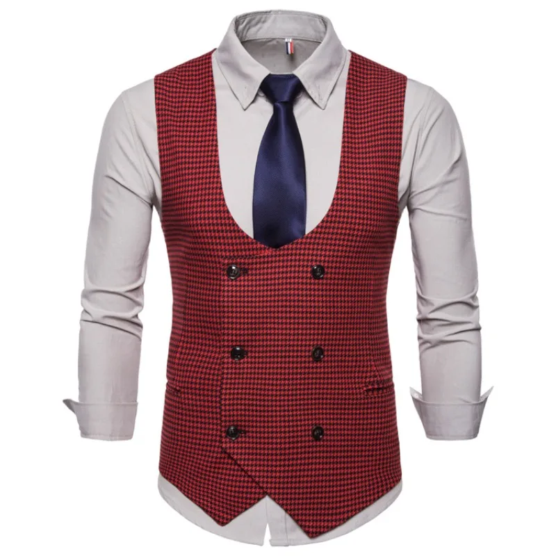 New U-shaped Collar and Back Trend for Autumn 2024 in Foreign Trade, Qianniao Grid Men's Casual Vest