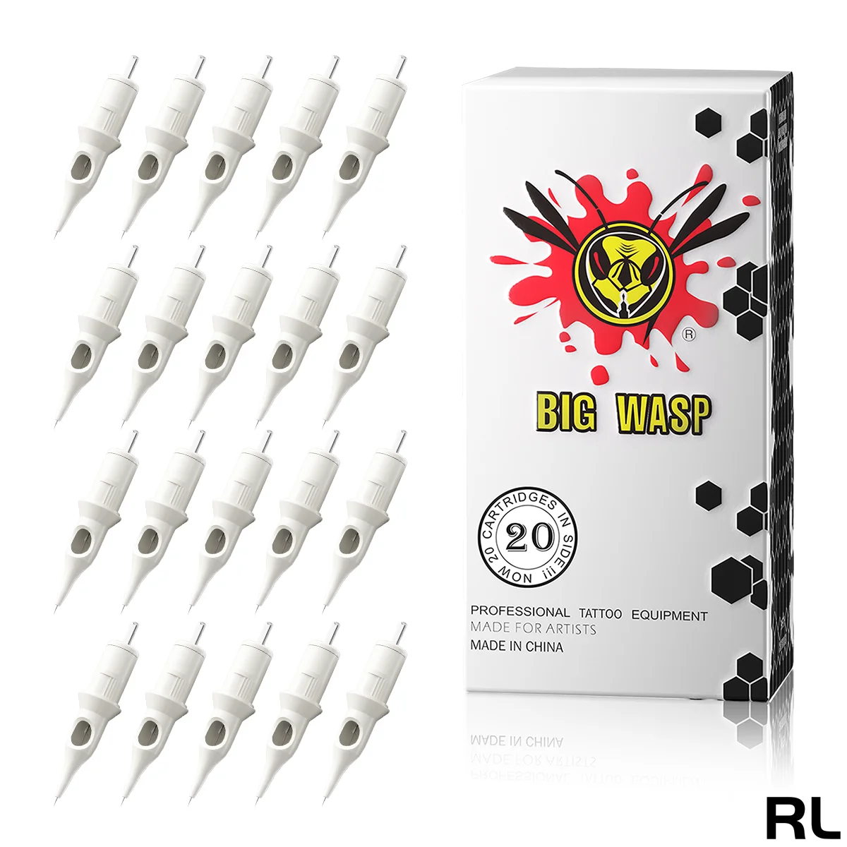 BIGWASP 20PCS ตลับหมึก Tattoo RL เข็มสักแต่งหน้าเครื่องโรตารีปากการอบ Liner ตลับหมึกเข็มปราศจากเชื้อ