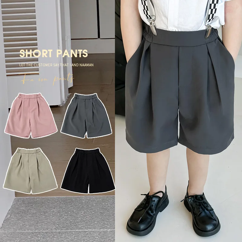 Teen Boys Formal Pleated Wide Leg Shorts Kids Elastic Waist Summer Casual Pants for Wedding School Birthday Party Daily Wear