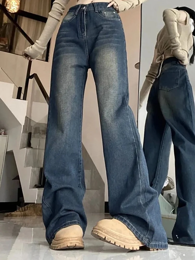 Джинсы женские прямые с высокой талией, свободные брюки из денима в корейском ретро стиле, с широкими штанинами, в стиле High Street, голубые