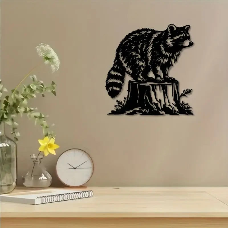 CIFBUY Metal Wall Art Forged Iron Black Raccoon Stump Sculpture Home Garden Outdoor Weather Resistant Hanging Decor