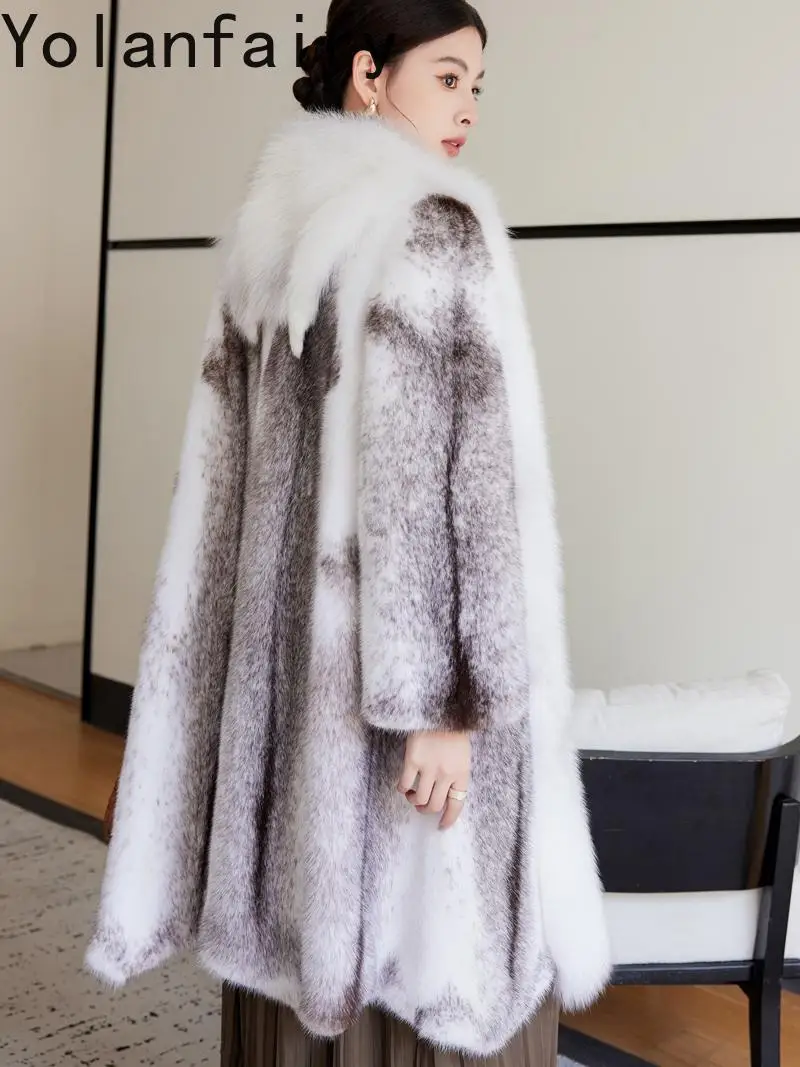 YOLANFAIRY haut de gamme entier croix veste de fourrure de vison pour les femmes hiver mi-long chaud manteau de fourrure naturelle femme col de fourrure de renard vêtements d'extérieur