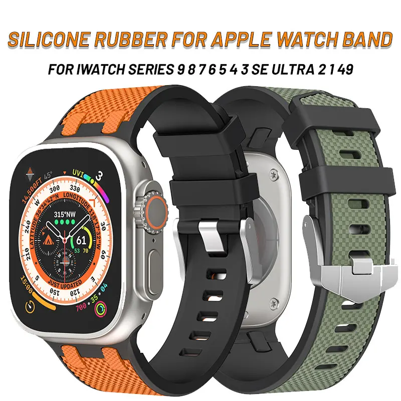 

Silicone Band For Apple Watch Ultra 2 49mm 41mm Rubber Sports Bracelet For iWatch SE 9 8 7 5 6 Metal Head Strap 45mm 44mm 40mm